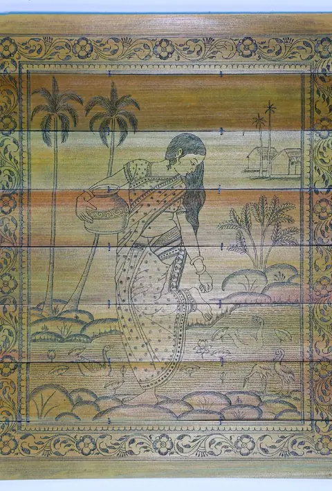 The Village Maiden at the Pond Palm Leaf Painting (Talapatra)