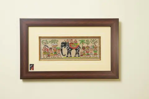The Village Procession with Elephant Tribal Painting on Talapatra