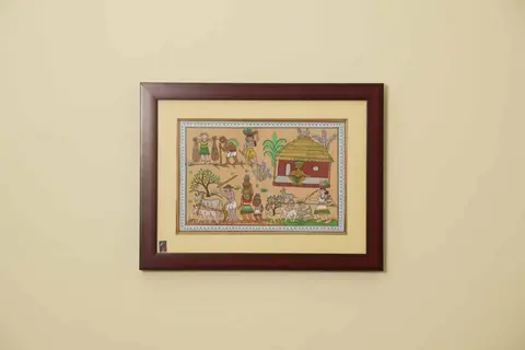 The Evening Chores Tribal Painting on Tassar Silk