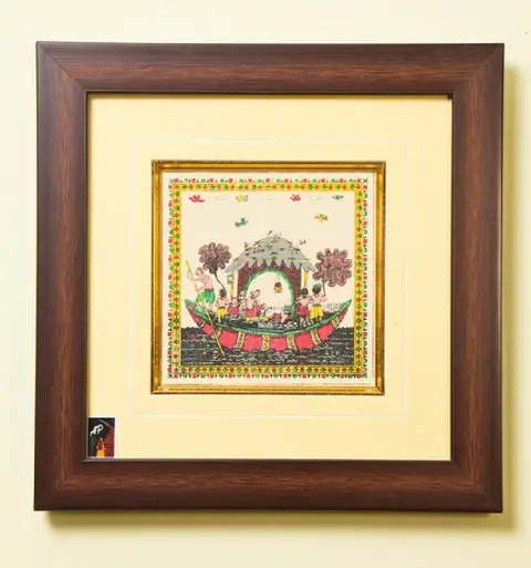 The Festive Boat Ride Tribal Painting on Tassar Silk