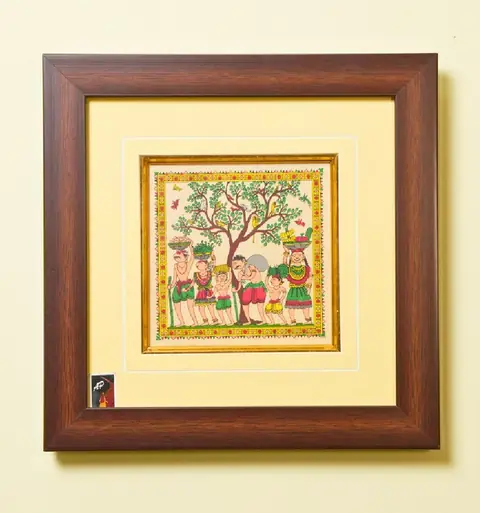 The Gathering Under the Tree Tribal Painting on Tassar Silk