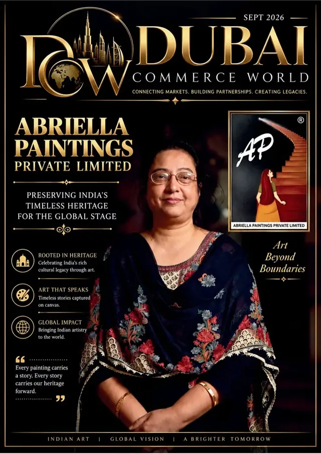 Dubai Commerce World magazine cover featuring Abriella Paintings